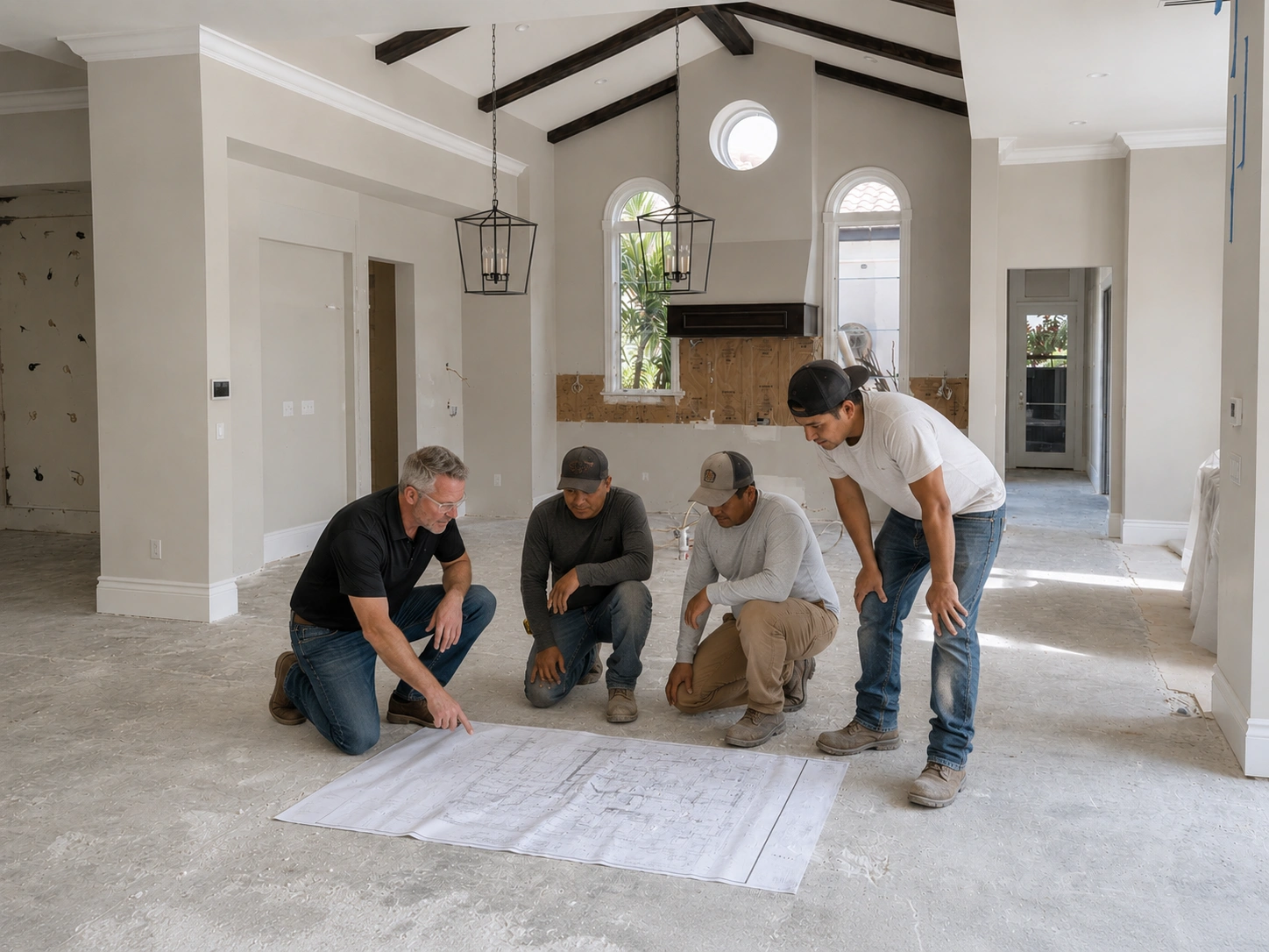 Scott + crew reviewing blueprints together on a job site floor