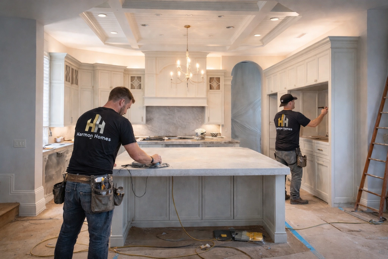 Two crew members in branded Harmon Homes shirts working in a kitchen — active, professional