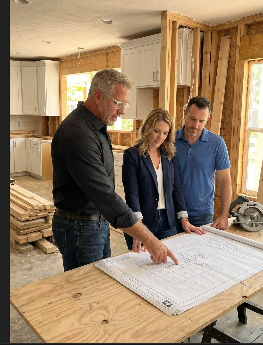 Scott reviewing blueprints with clients on a job site — collaborative, professional