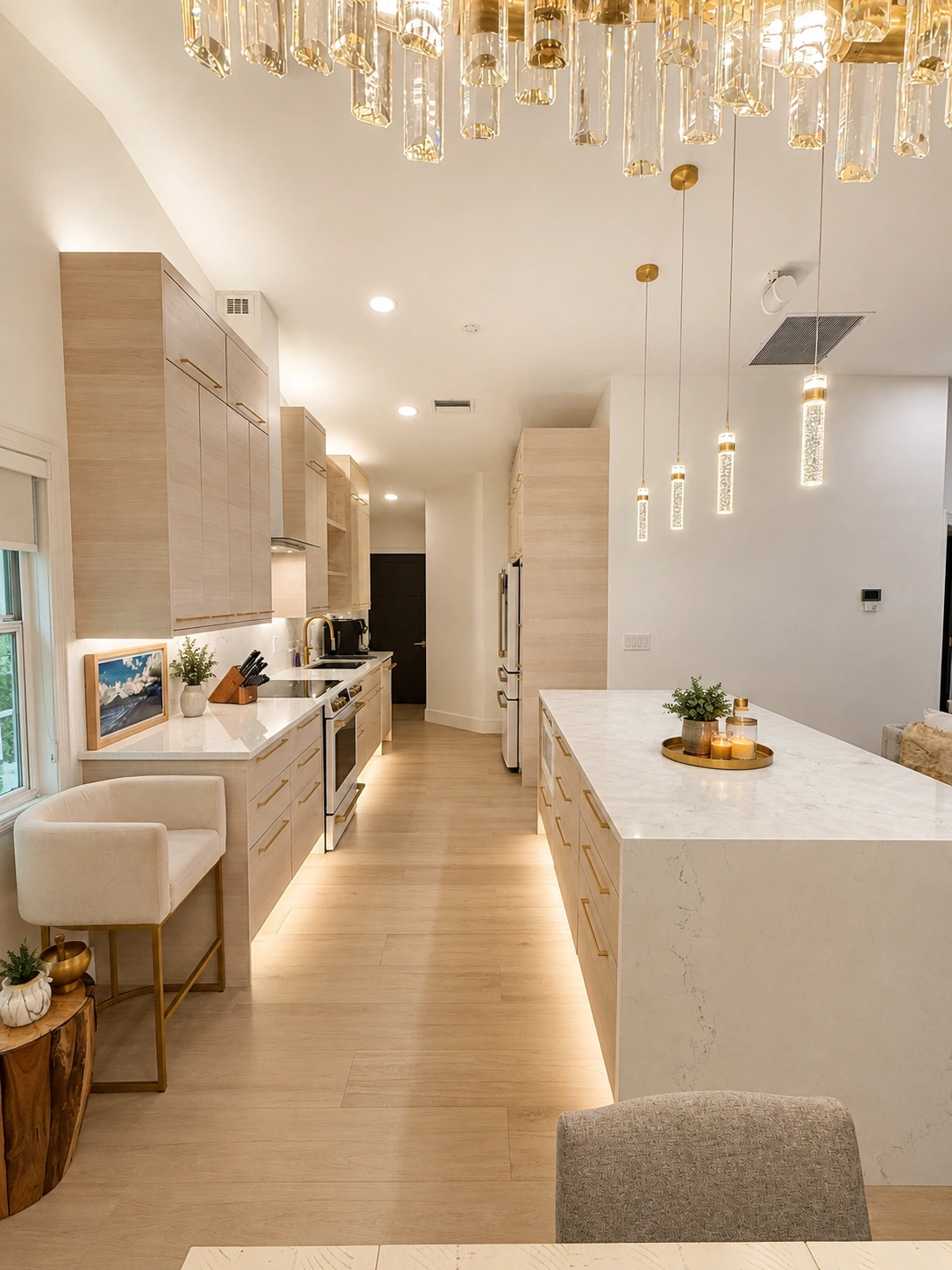 Contemporary kitchen — light wood cabinetry, gold chandelier, marble island, dramatic lighting