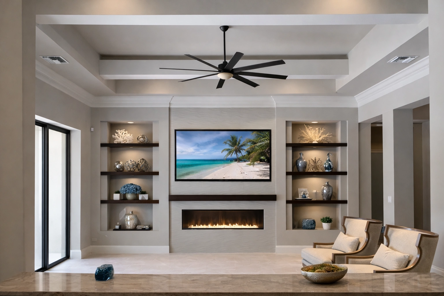 Modern living room — built-in shelves with display lighting, linear fireplace, ceiling fan
